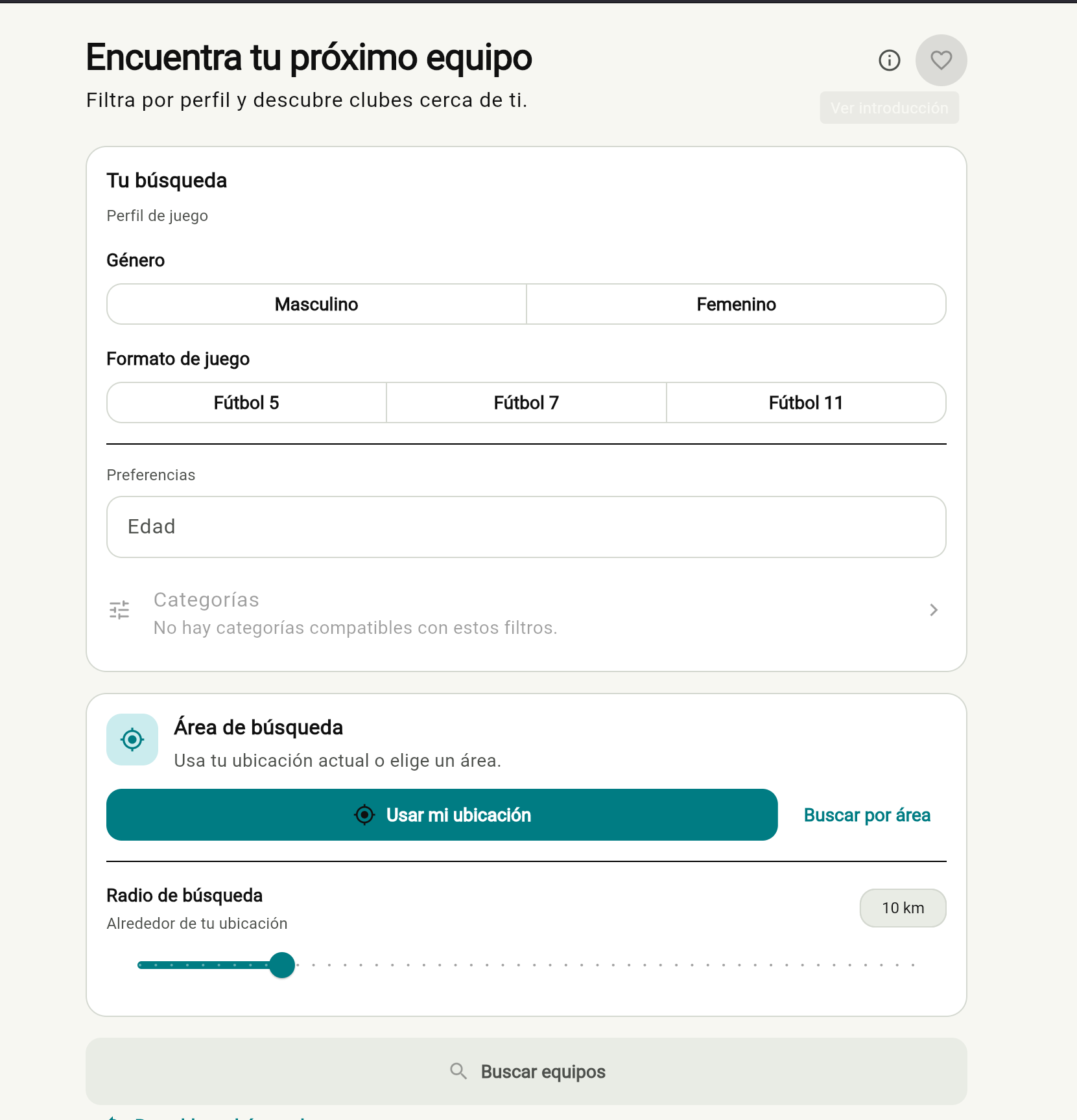Búsqueda de equipos por perfil, ubicación y distancia en Join11